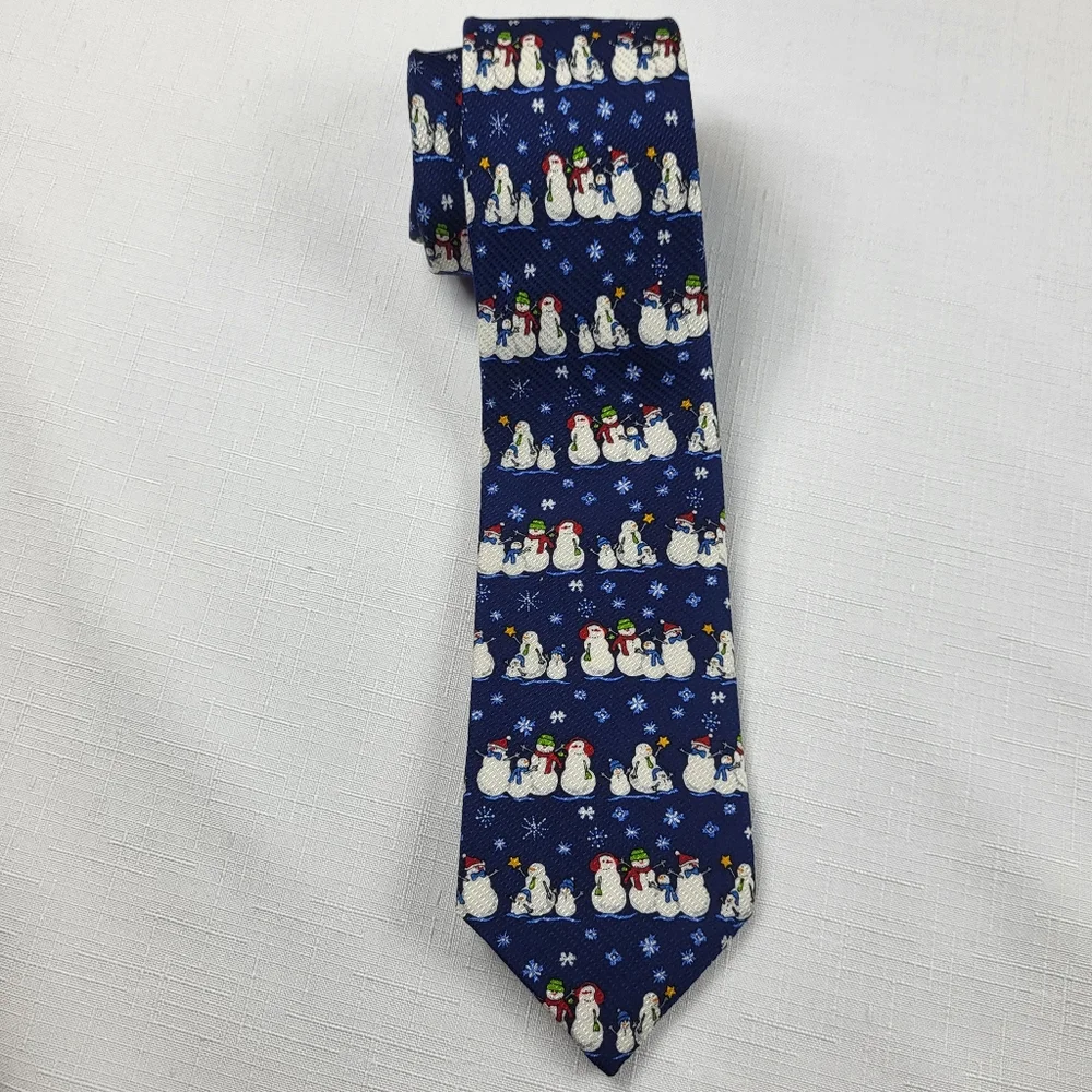 Talbots Kids Snowman NECKTIE TIE Boys Silk Blue White Christmas Holiday Winter